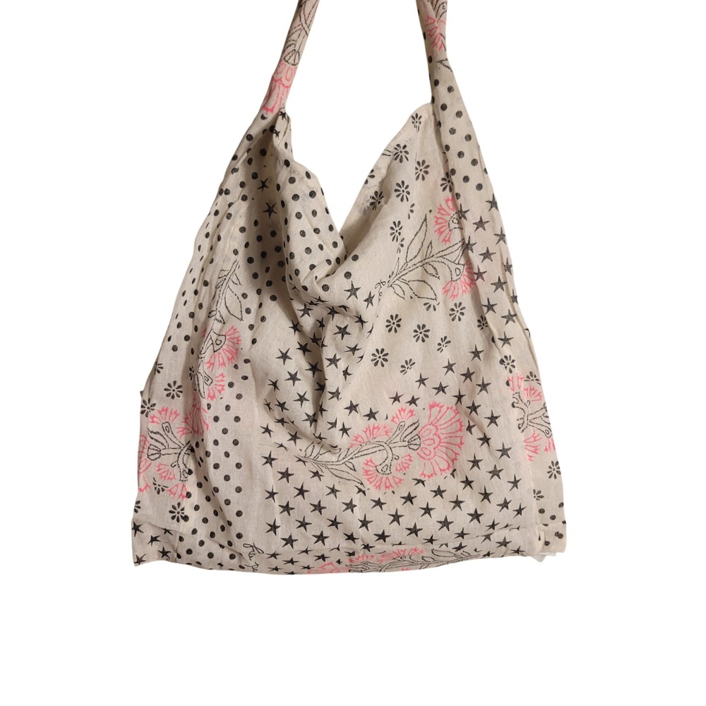 Beige Floral & Star Print Tote Bag - Pink Accent